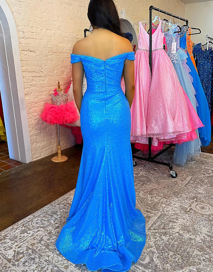 Blue Mermaid Long Split Off Shoulder Ball Dress