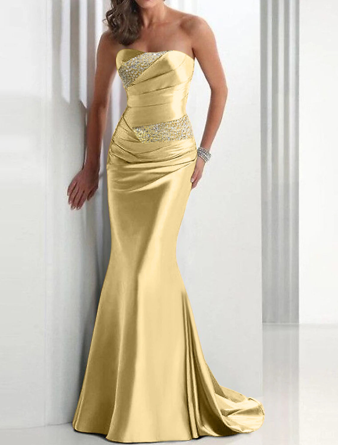 Mermaid Sequin Evening Gown Elegant Dress Wedding Guest Formal Evening Sweep / Brush Train Sleeveless Strapless Satin with Crystals Masquerade Dress dress to impress