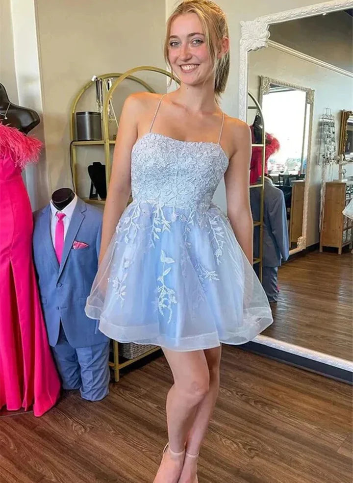Cute Spaghetti Straps Backless Blue Short Prom Dress Blue Short Homecoming Dress