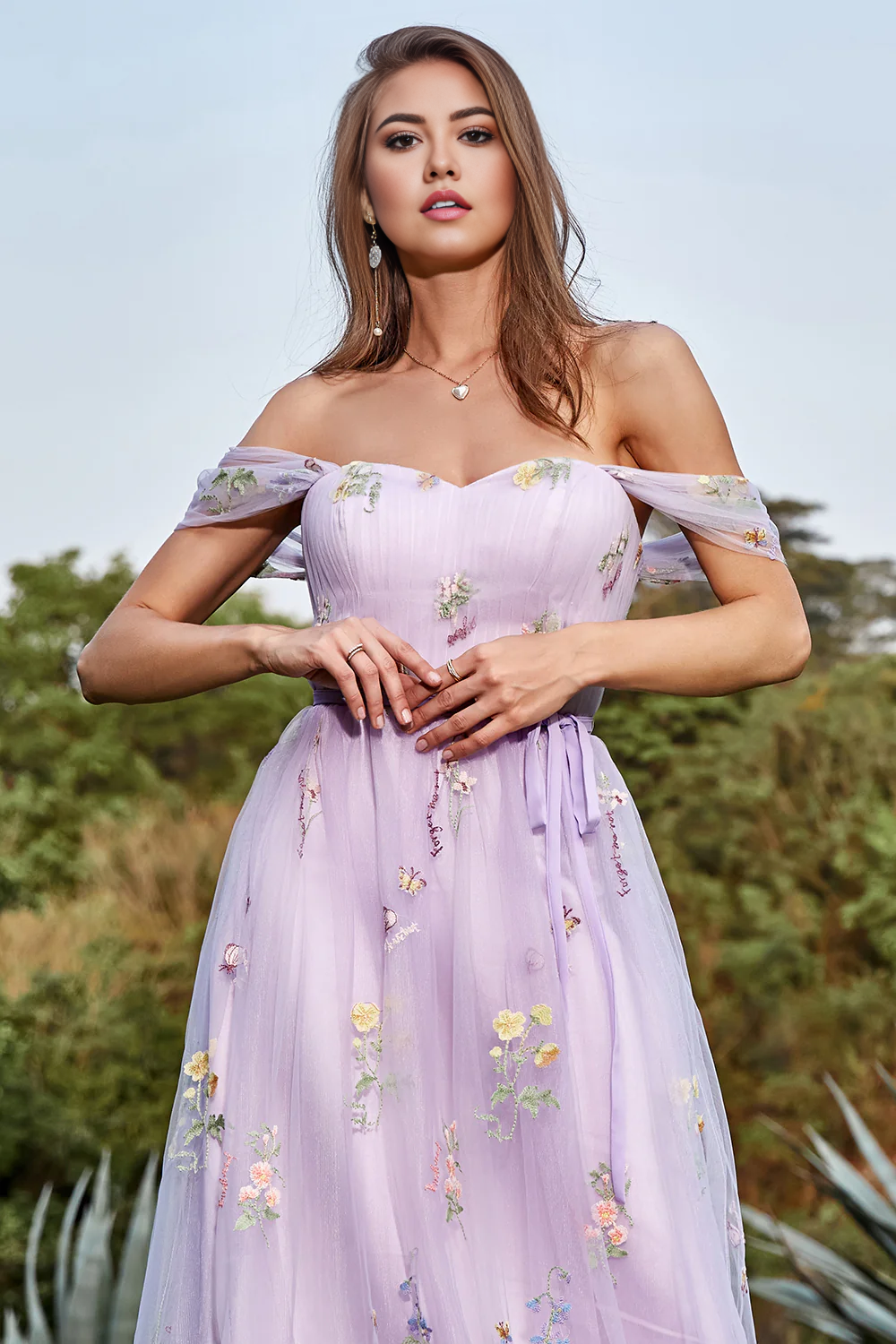 DingJiDress Lavender A Line Off The Shoulder Prom Dresses Tulle Formal Dress With Embroidery