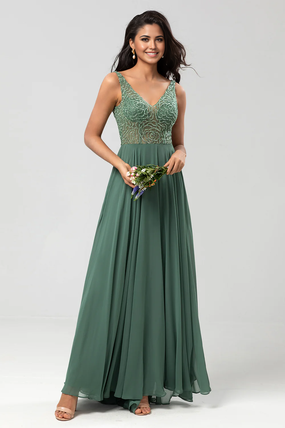 A-Line V Neck Beaded Long Twilight Elegant Prom Dresses