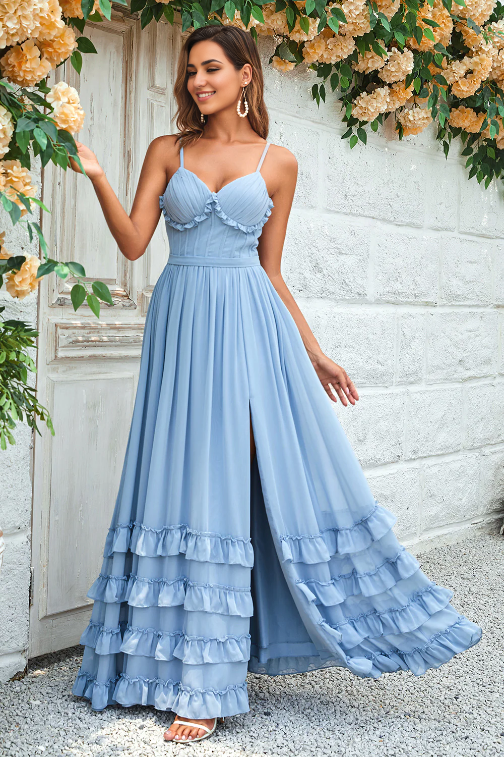 DingJiDress Dusty Blue Spaghetti Straps Wedding Guest Dresses Corset Long Prom Dress With Criss Cross Back