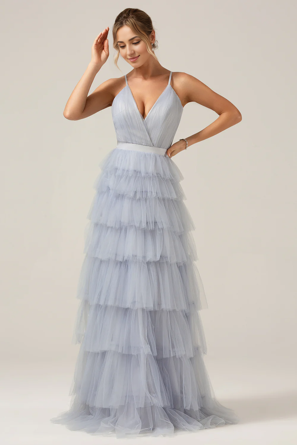 DingJiDress Dusty Blue A-Line Wedding Guest Dresses Spaghetti Straps Tiered Long Tulle Maxi Dress
