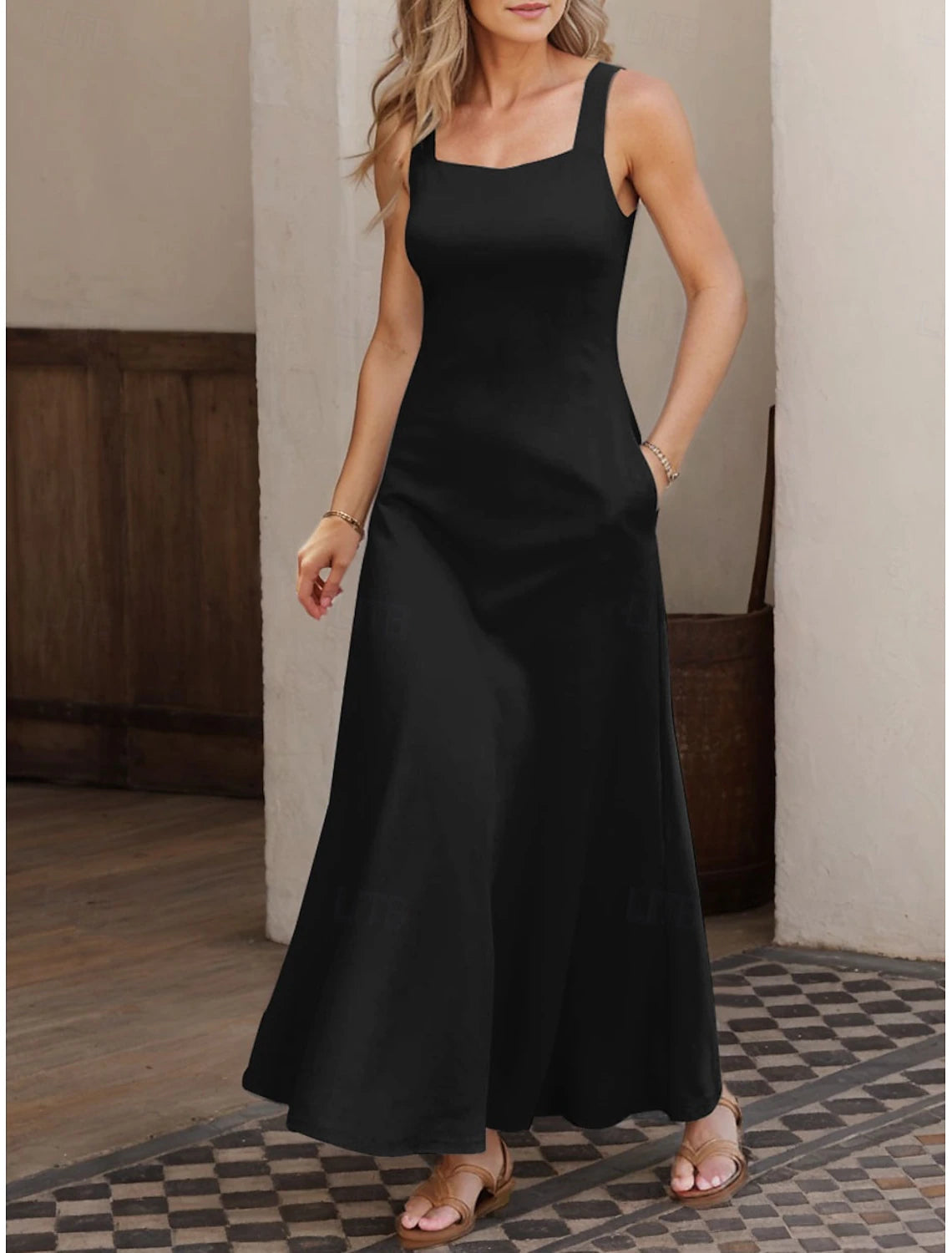 Women's Maxi Dress A Line Dress Summer Dress Off The Shoulder Dress Vacation Casual Party Date Regular Fit Solid Color Graphic Sleeveless Square Neck Black White Pink Gray Summer Spring