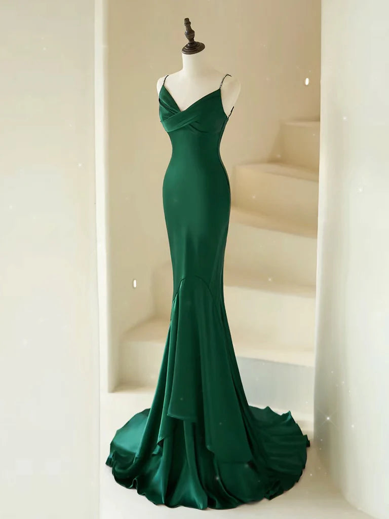 Mermaid V Neck Satin Green Long Prom Dress Green Satin Long Formal Dress