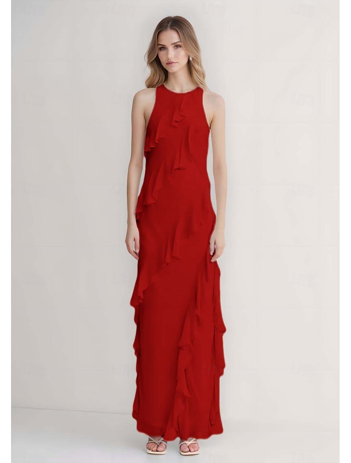 Sheath / Column Evening Gown Elegant Dress Wedding Guest Evening Party Floor Length Sleeveless Crew Neck Belt / Sash Chiffon with Ruffles