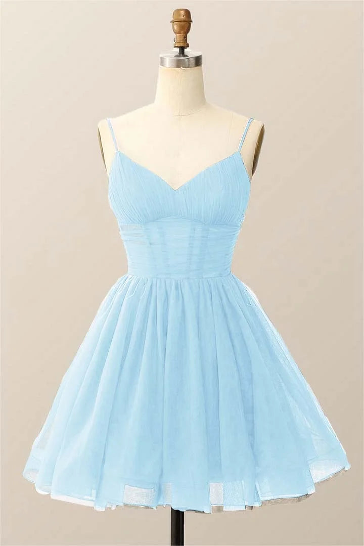 Dark Navy Tulle Spaghetti Strap Sleeveless Pleated A-Line Homecoming Dress