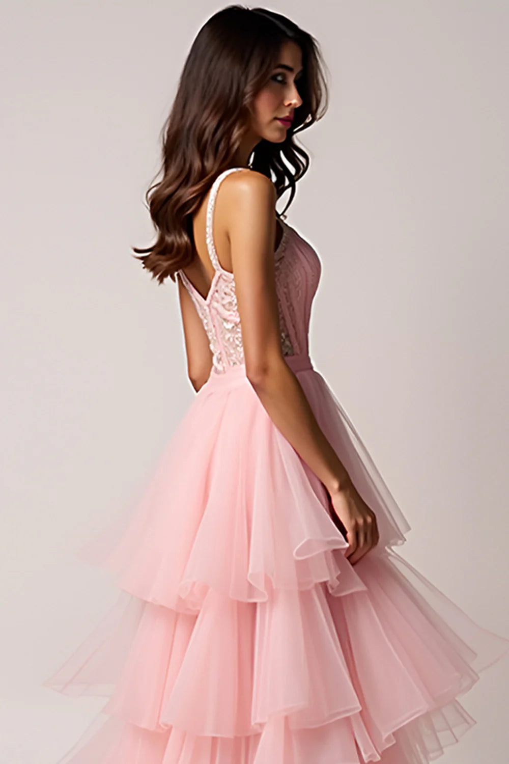 Pink chiffon beaded long asymmetrical ball dress