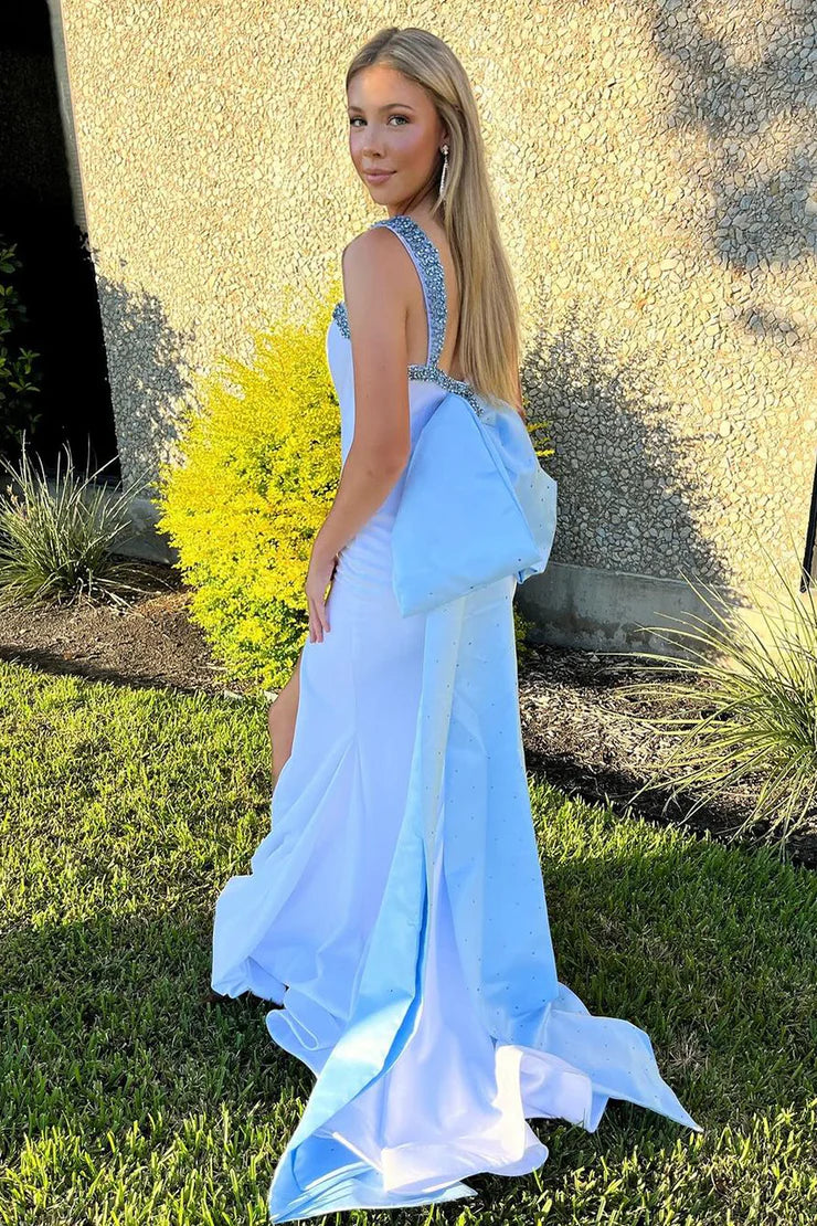 Charming mermaid low round neck light blue satin long ball dress with beads