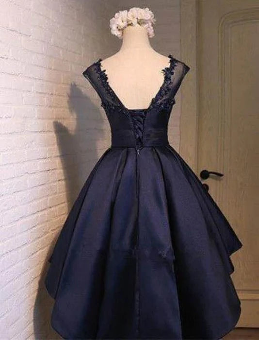 Navy Blue Satin Classy Homecoming Sexy Party Graduation Short Prom Dress