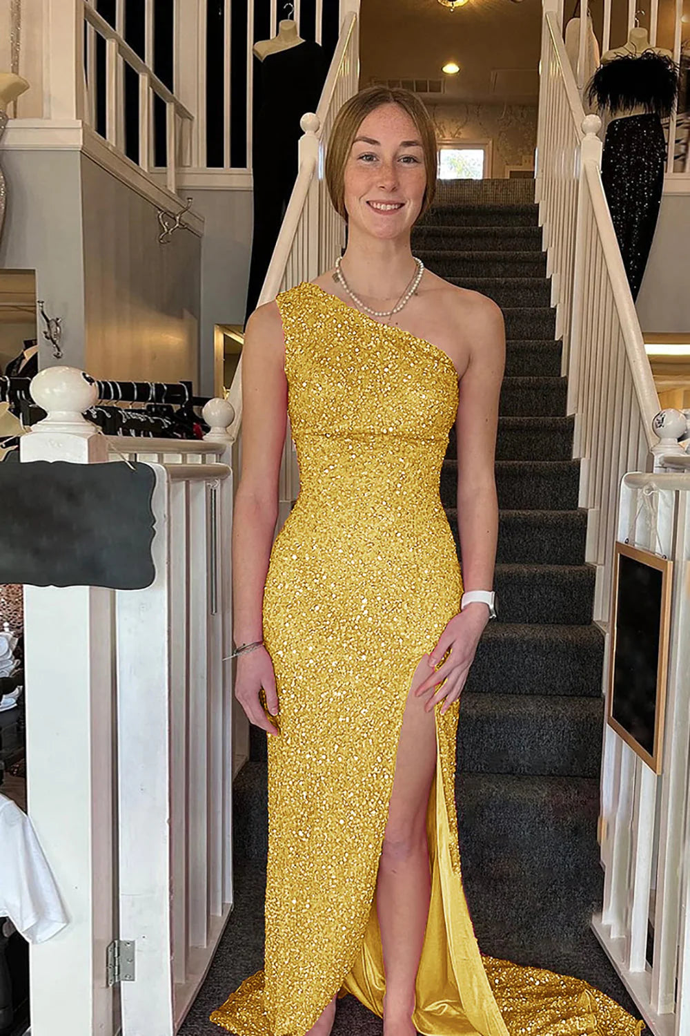 Navy Blue Single Shoulder Shiny Long Split Ball Dress