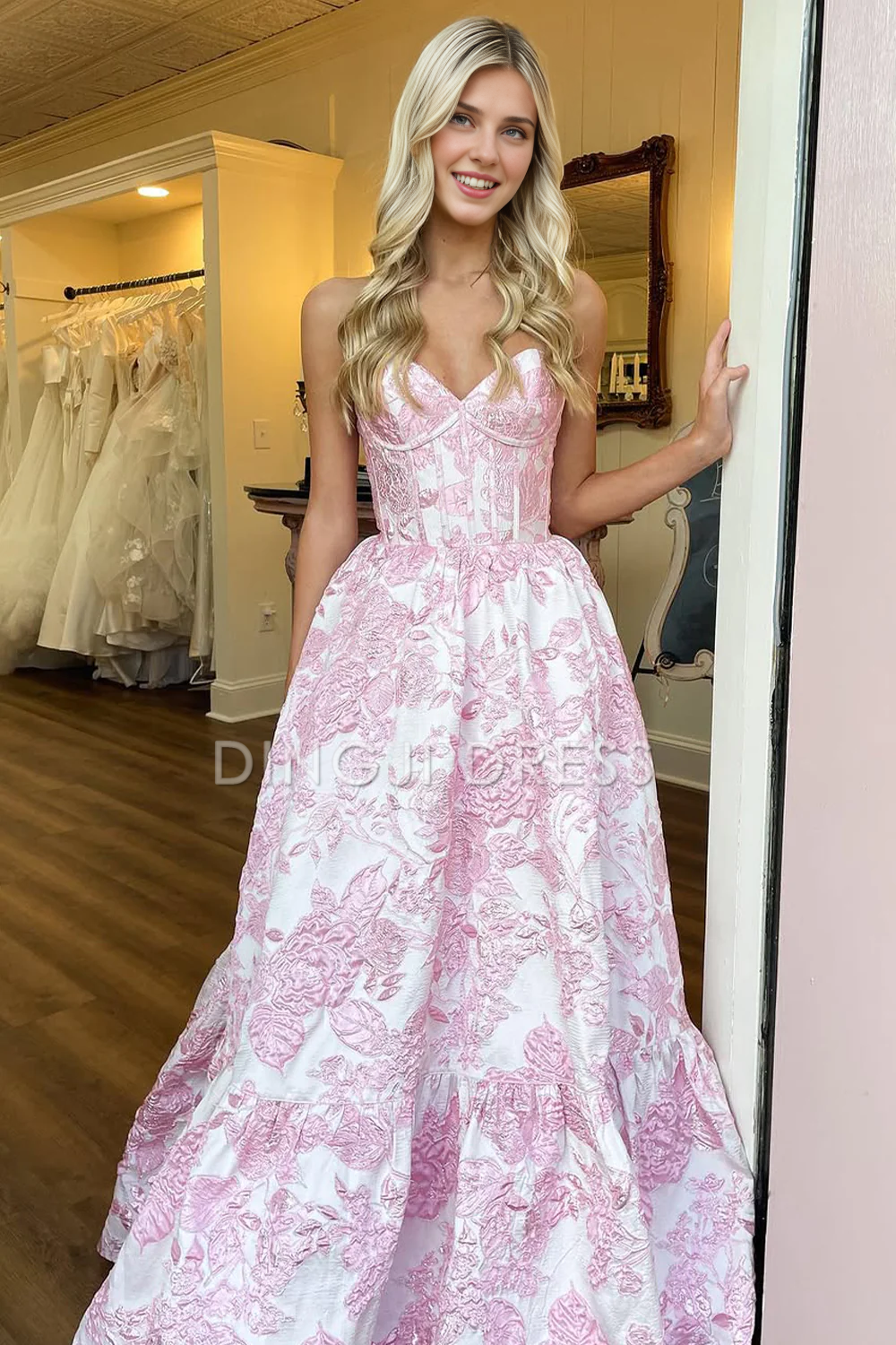 DingJiDress Lovely Sweetheart A-Line Zipper Back Long Print Exquisite Prom Dress