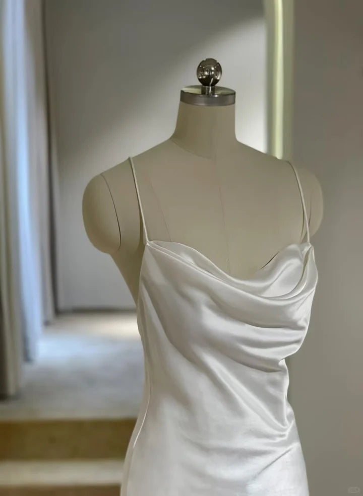 White Mermaid Soft Satin Long Evening DressWhite Long Wedding Party Dress