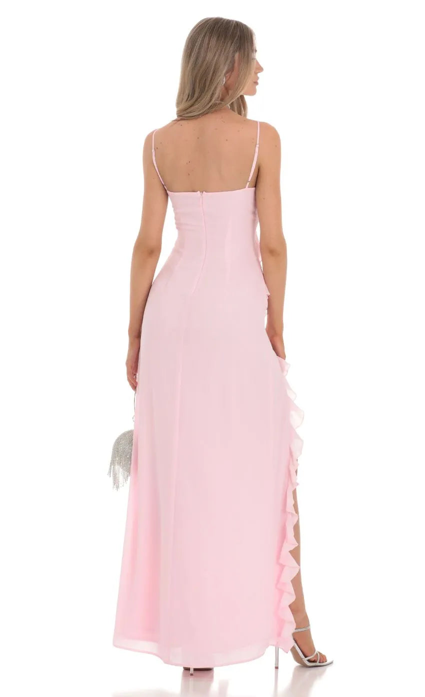 Sophisticated Blush Pink Prom Dress with Spaghetti Straps Ruffled V - Neck and Flattering Fit Designed for Elegant Prom Celebrations