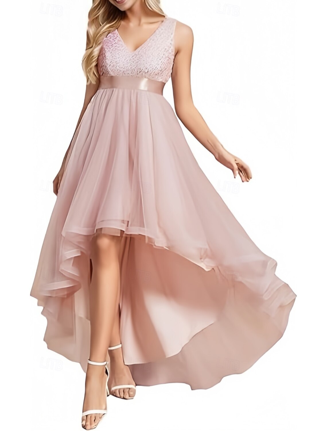 A-Line Evening Gown Elegant Dress Formal Evening Party Asymmetrical Sleeveless V Neck Chiffon with Pleats Sequin