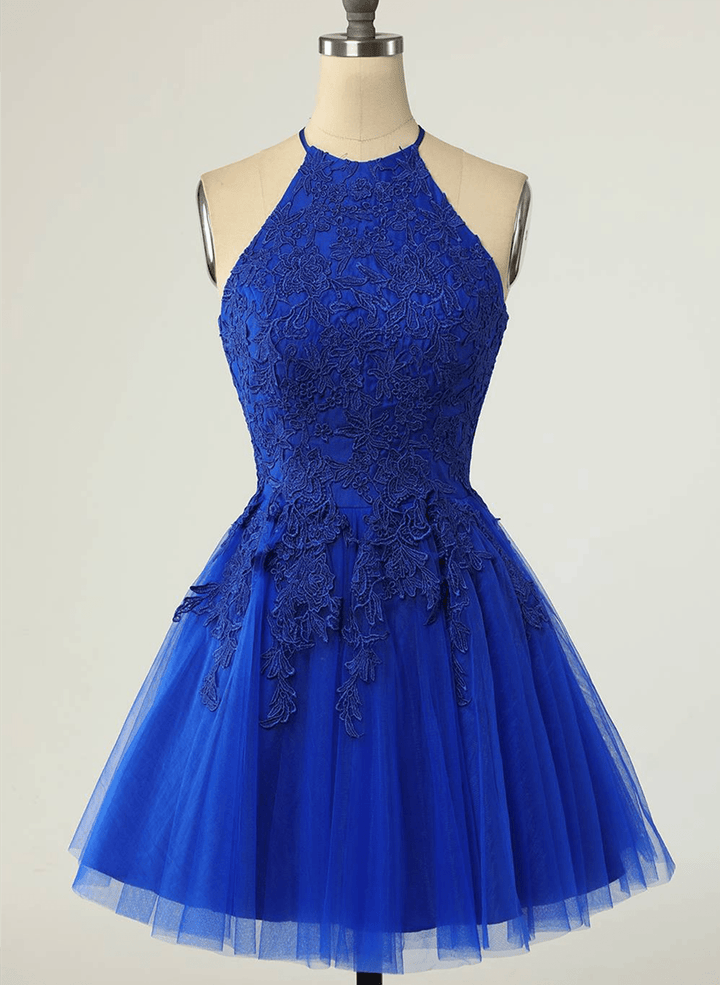 Royal Blue Halter Tulle With Lace Short Party DressRoyal Blue Homecoming Dress