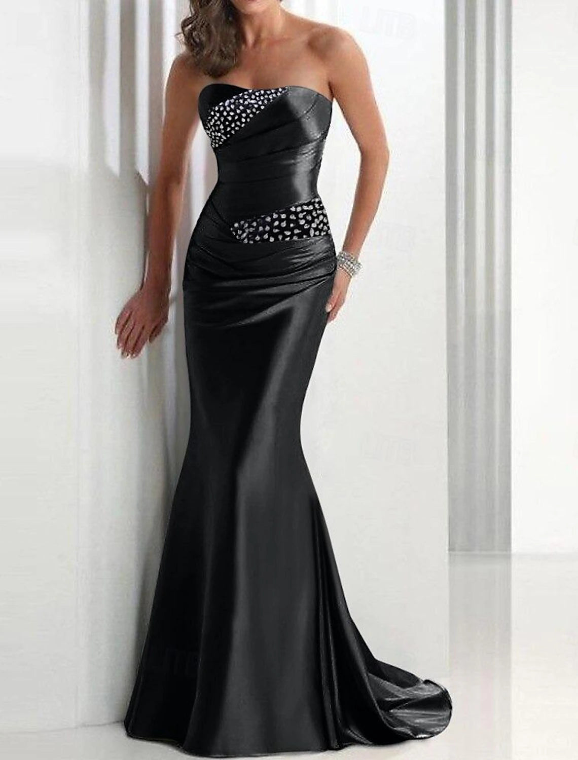 Mermaid Sequin Evening Gown Elegant Dress Wedding Guest Formal Evening Sweep / Brush Train Sleeveless Strapless Satin with Crystals Masquerade Dress dress to impress