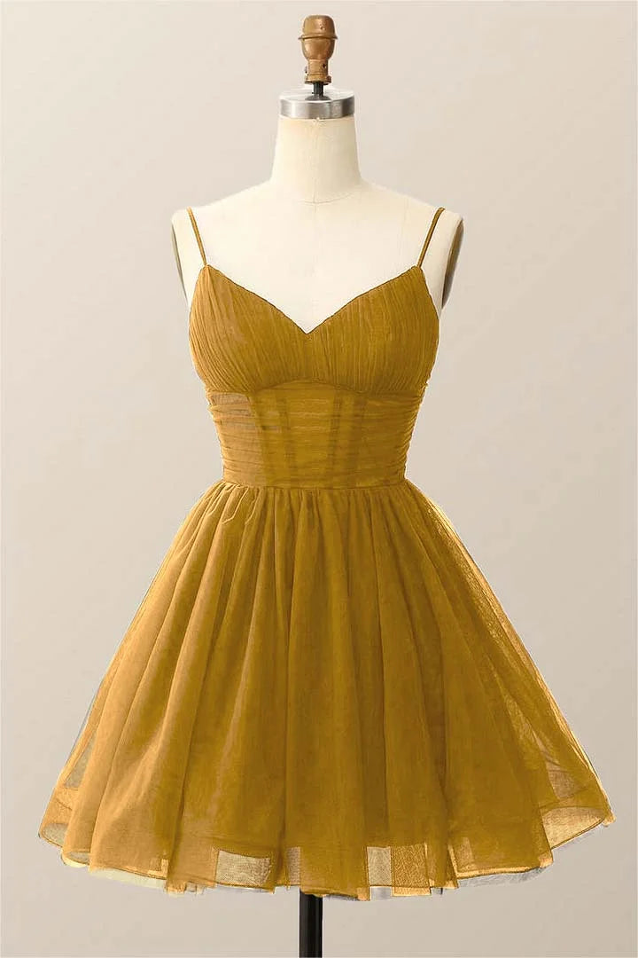 Dark Navy Tulle Spaghetti Strap Sleeveless Pleated A-Line Homecoming Dress