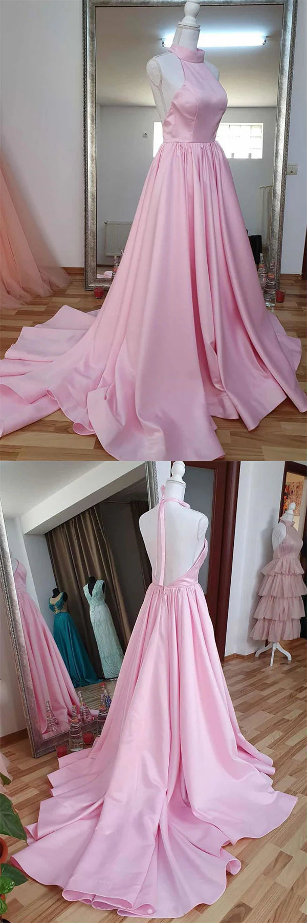 Pink high neck pink satin long prom dress pink evening dress