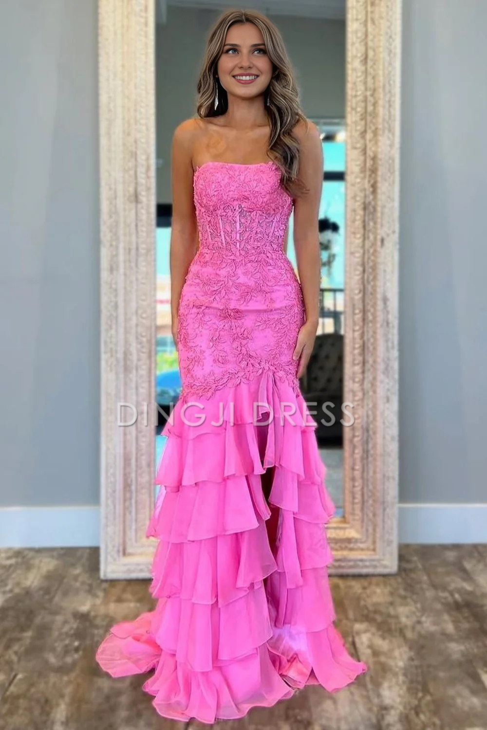 DingJiDress Charming Mermaid Strapless Lace Top Long Tiered Side Fork Exquisite Prom Dress
