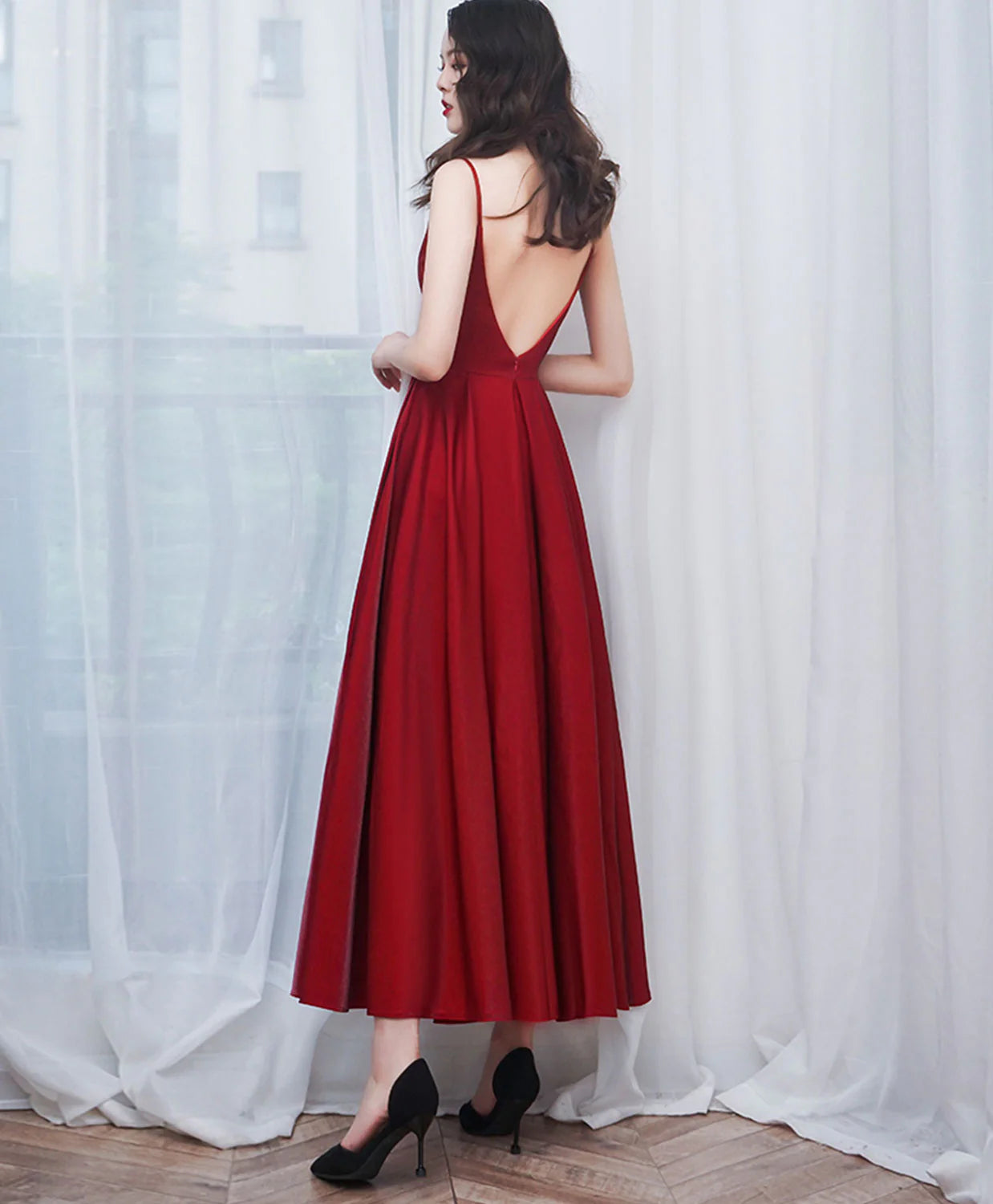 A-Line Satin Burgundy Prom Dress Burgundy Tea Length Bridesmaid Dress