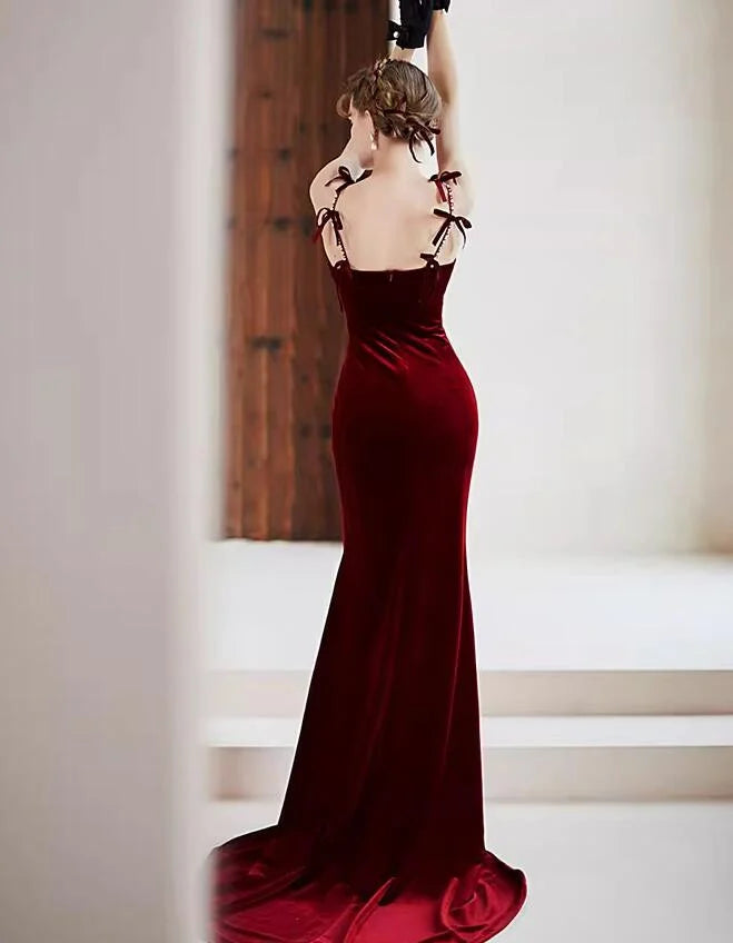 Wine Red Velvet V-neckline Low Back Mermaid Party DressWine Red Evening Dress