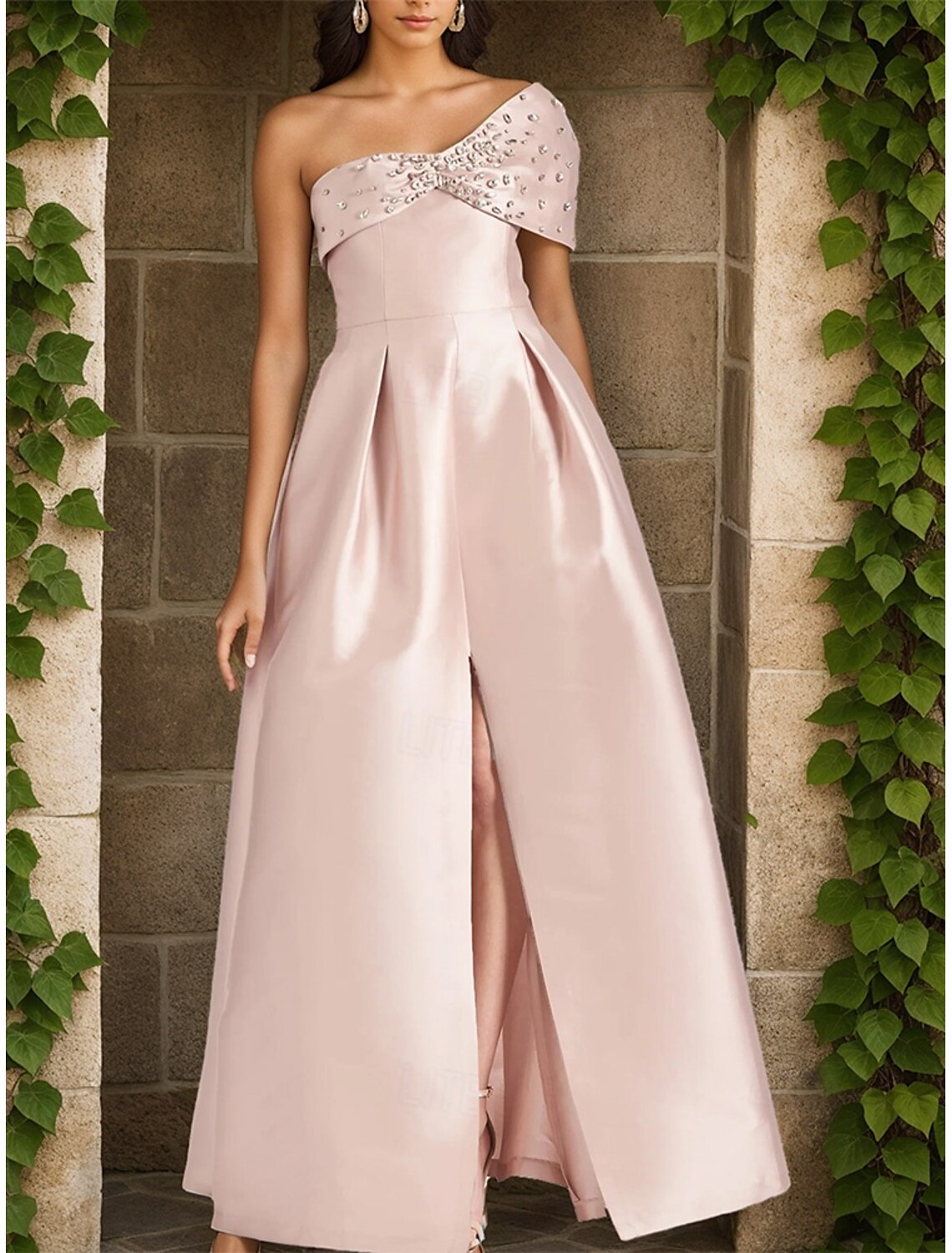 A-Line Evening Gown Elegant Pink Dress Formal Wedding Guest Floor Length Sleeveless Off Shoulder Satin with Bow(s) Crystals Slit