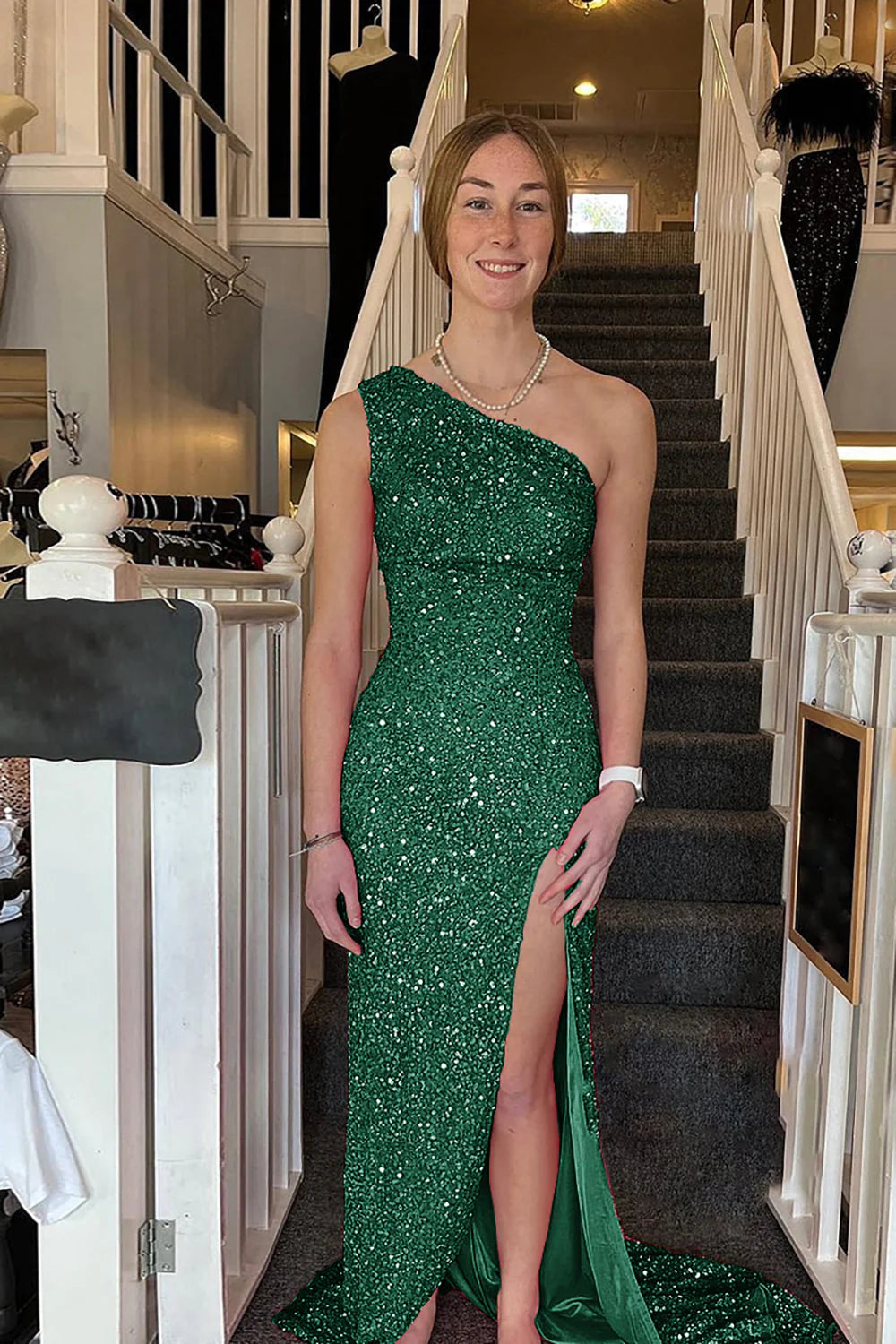 Navy Blue Single Shoulder Shiny Long Split Ball Dress