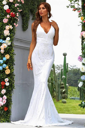 White Jacquard V-Neck Backless Mermaid Long Evening Dress