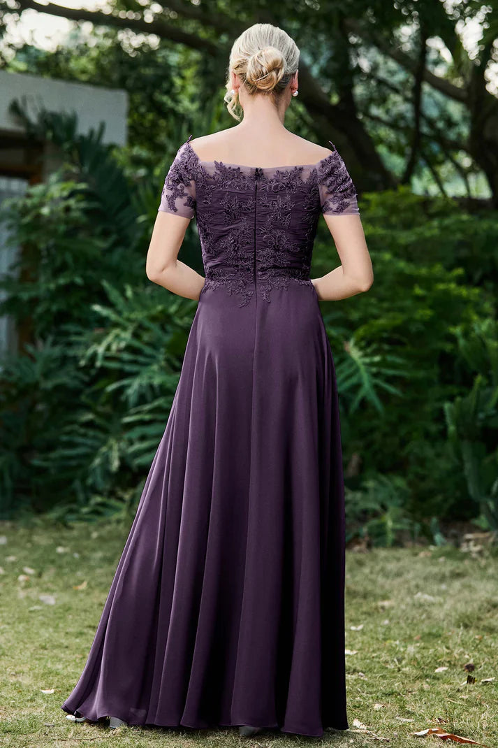 DingJiDress Mother of the Bride Dresses Ruched Applique Short Sleeves Chiffon Long Dress Lace Applique Elegant Dignified Dresses Wedding Guests Dresses