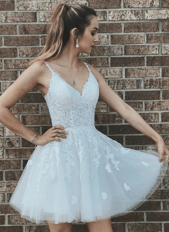 White Tulle with Lace Straps V-neckline Party Dress A-line White Short Prom Dress