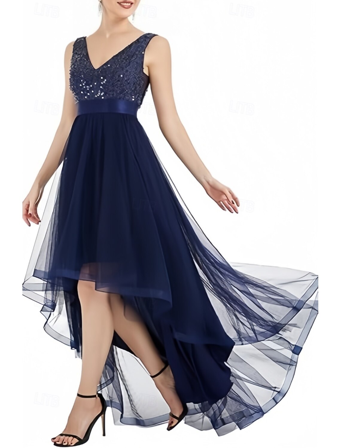 A-Line Evening Gown Elegant Dress Formal Evening Party Asymmetrical Sleeveless V Neck Chiffon with Pleats Sequin