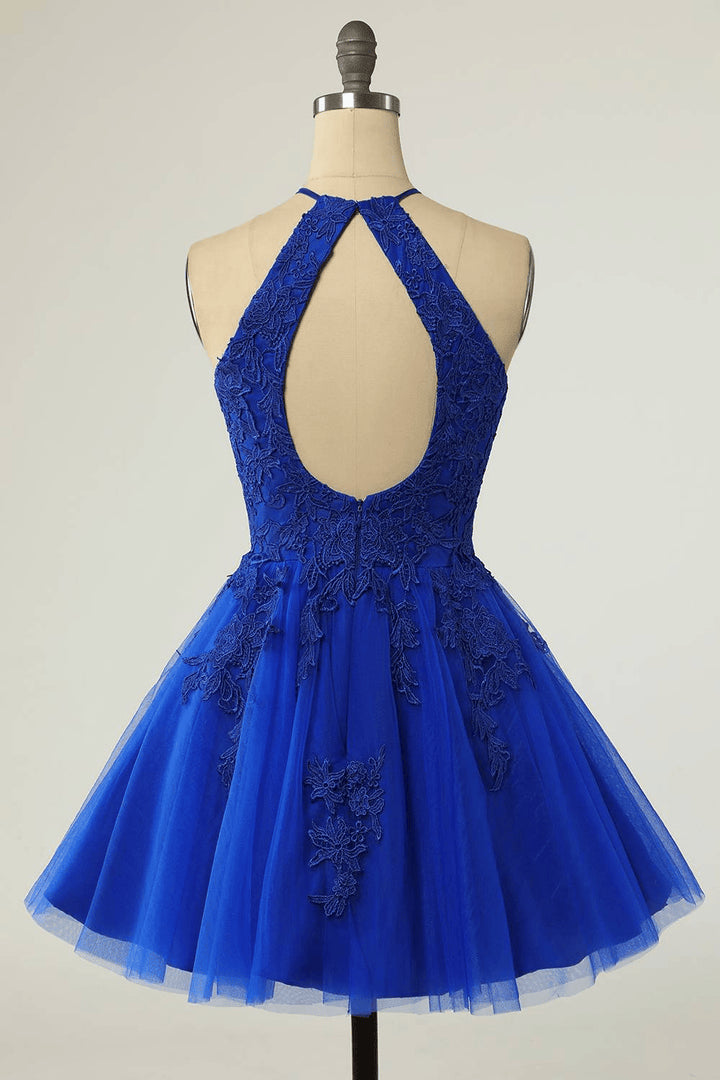 Royal Blue Halter Tulle With Lace Short Party DressRoyal Blue Homecoming Dress