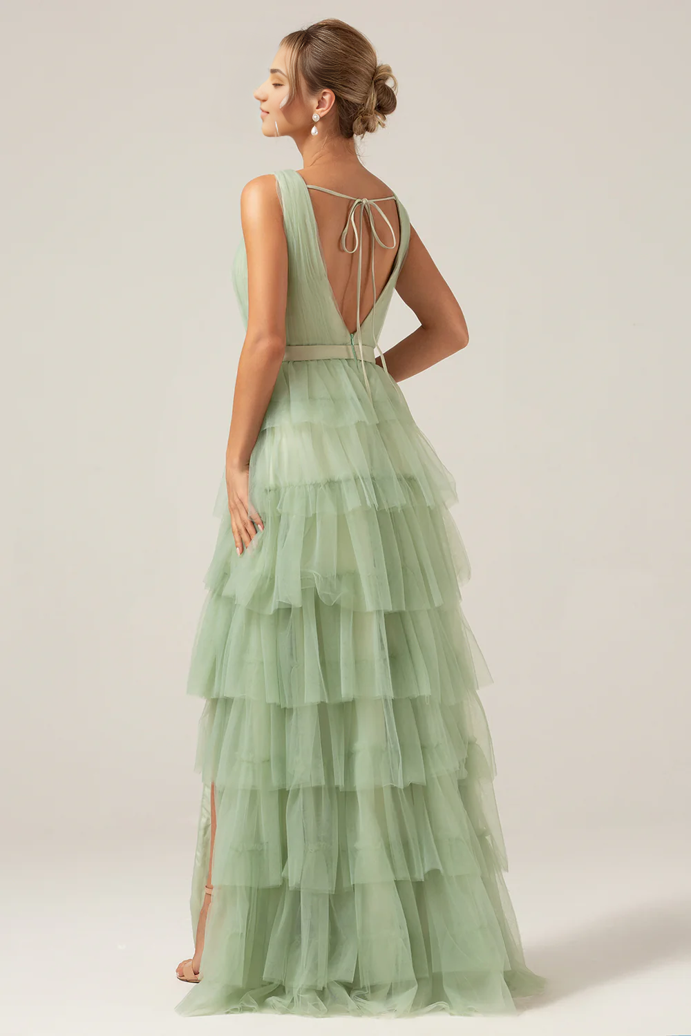 DingJiDress Grey Green Wedding Guest Dresses Tulle A-Line V Neck Tiered Maxi Dress With Slit Prom Dresses