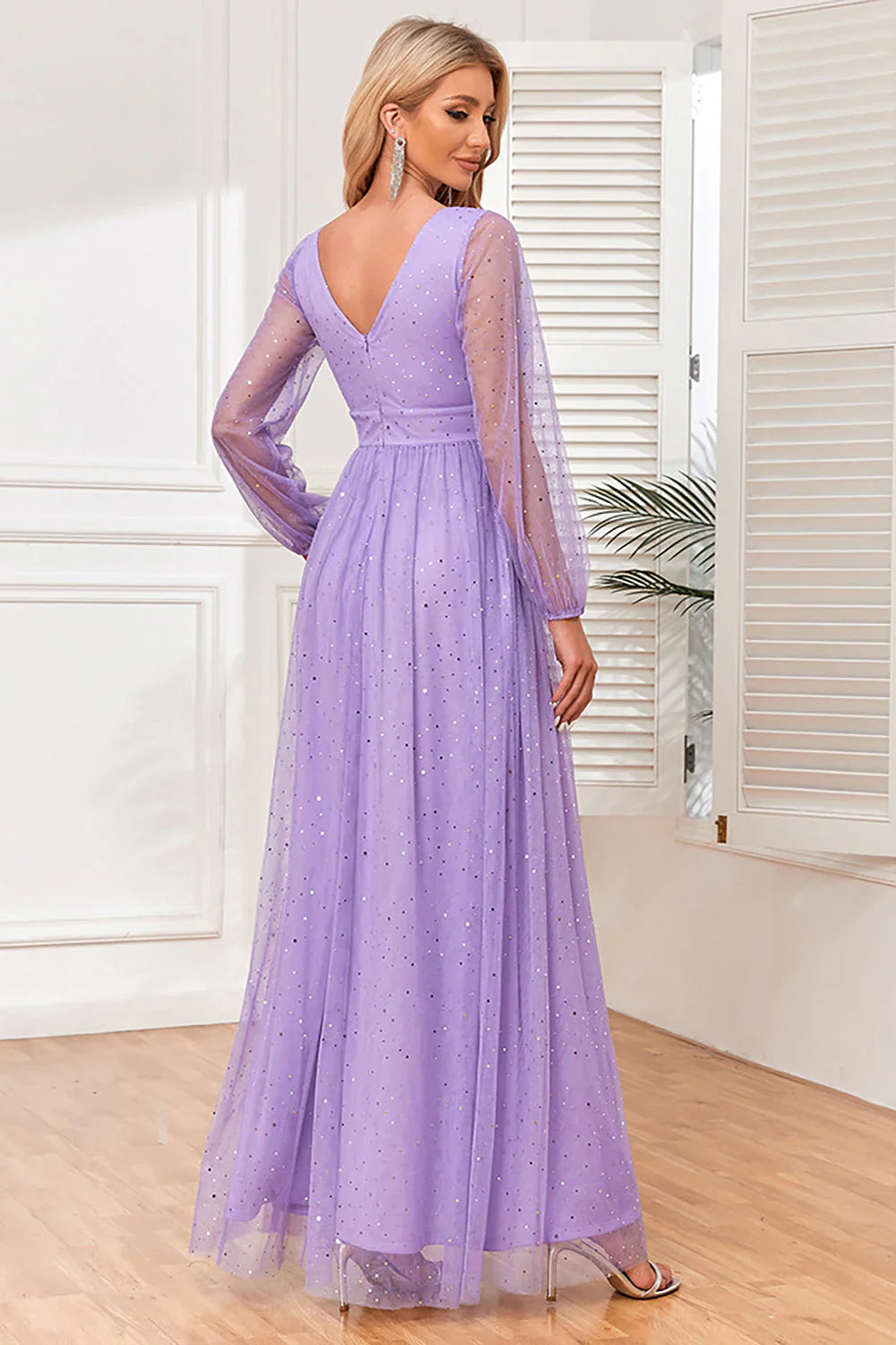 DingJiDress Fall Wedding Guest Dress November Elegant Lilac A-Line Long Sleeves Long Formal Dress with Slit