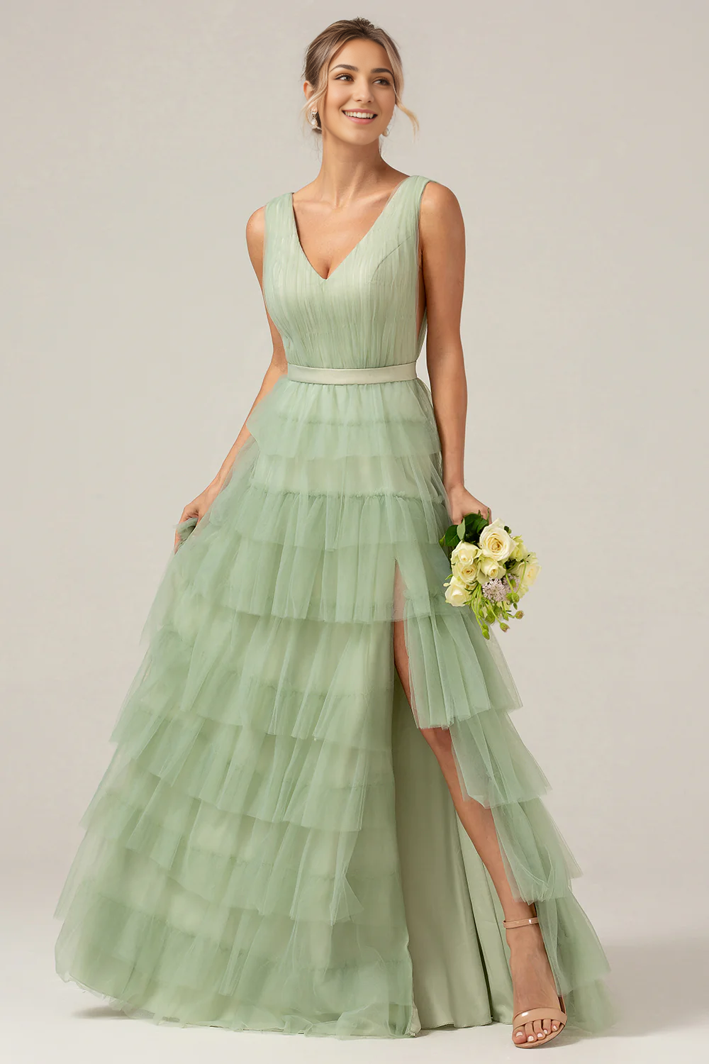 DingJiDress Grey Green Wedding Guest Dresses Tulle A-Line V Neck Tiered Maxi Dress With Slit Prom Dresses