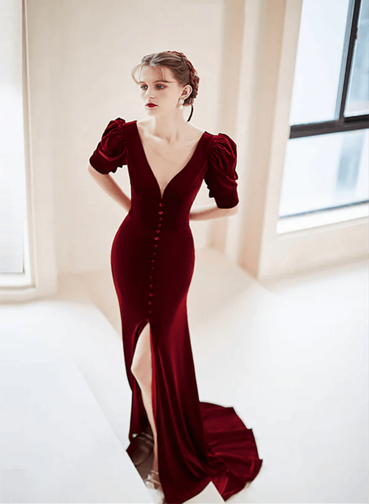 Wine Red Velvet Long Mermaid Prom DressShort Sleeves Evening Dress with Slit