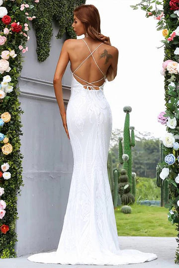 White Jacquard V-Neck Backless Mermaid Long Evening Dress