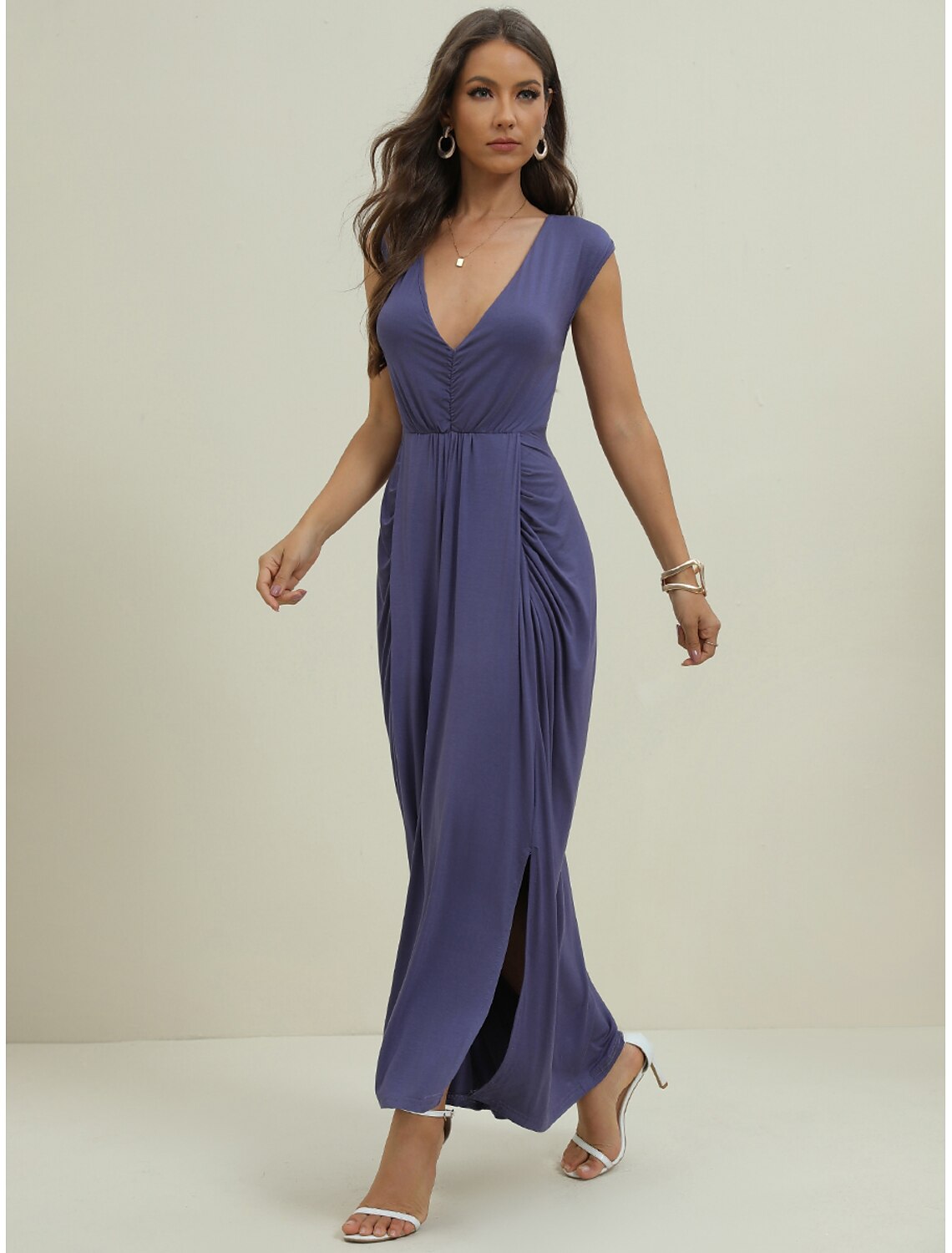 Women's Black Dress Prom Dress Party Dress Ruched Backless V Neck Sleeveless Formal Winter Dress Navy Blue Spring Fall