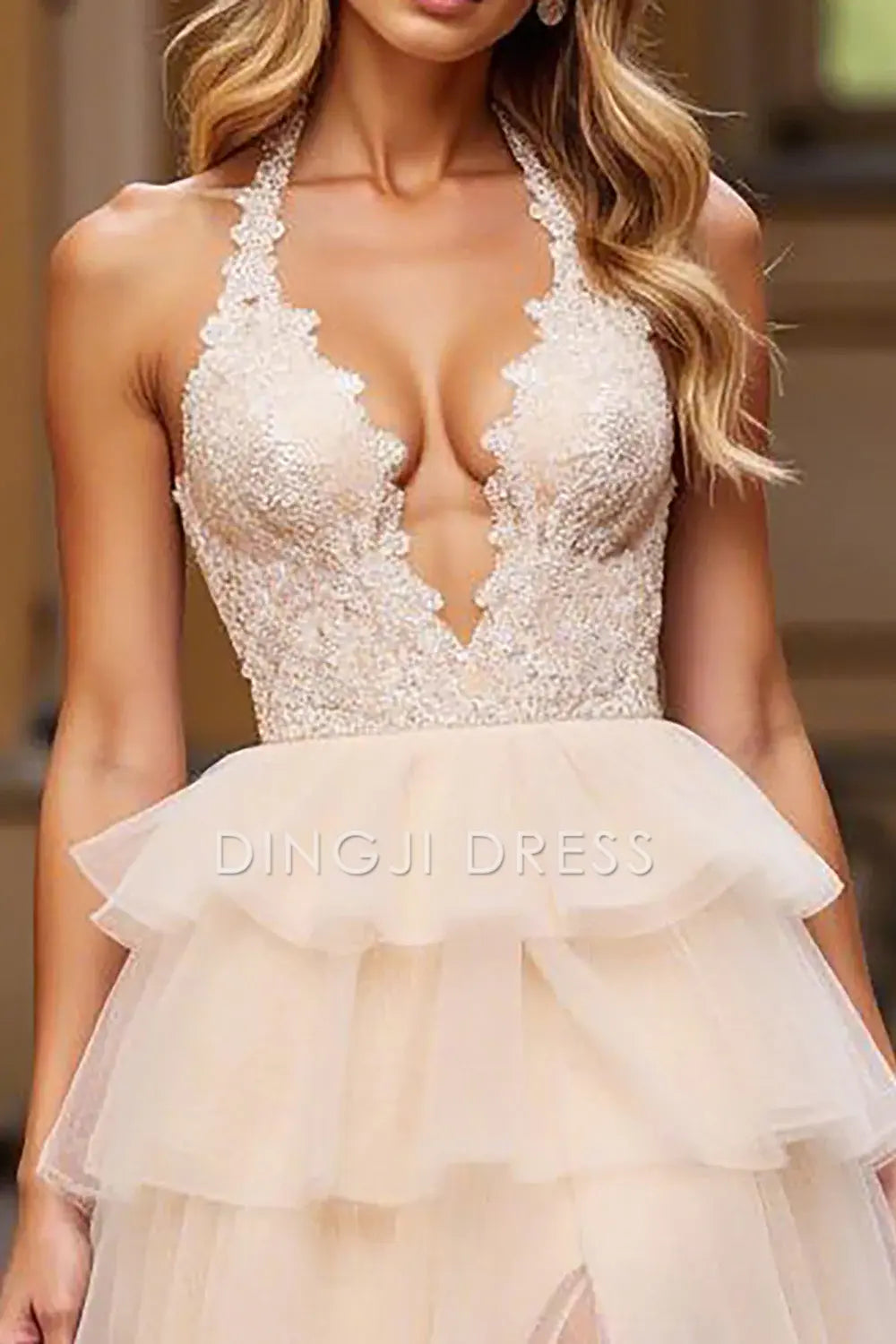 DingJiDress High Quality Dress A Line Lace V-Neck Tulle Tiers Fantastic Long With Side Fork Prom Dress