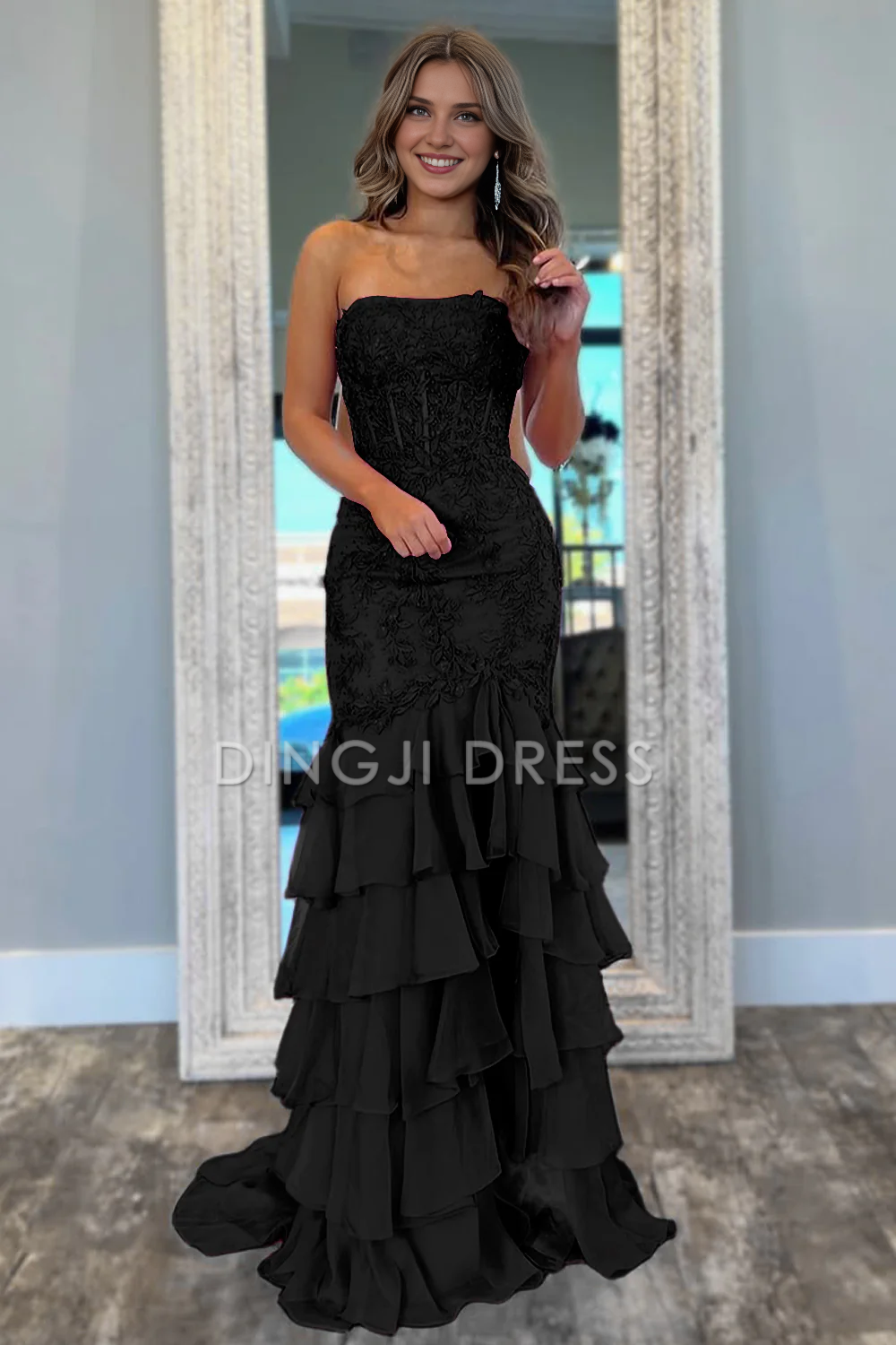 DingJiDress Charming Mermaid Strapless Lace Top Long Tiered Side Fork Exquisite Prom Dress
