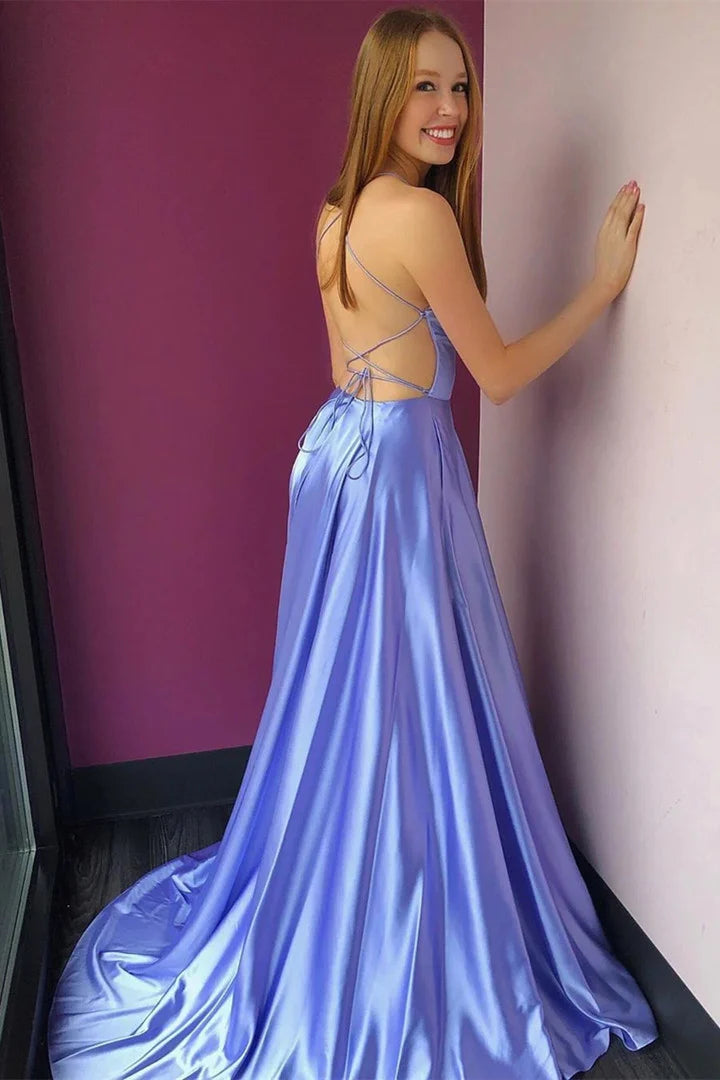 Lavender High Slit Long Prom Dress with Pockets Lavender Party Dress