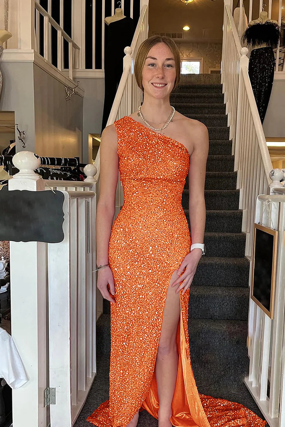 Navy Blue Single Shoulder Shiny Long Split Ball Dress