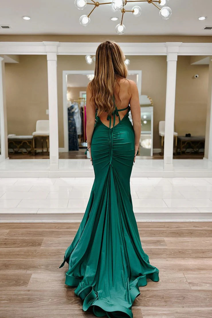 Charming Mermaid V Neck Sage Green Elastic Satin Long Prom Dresses