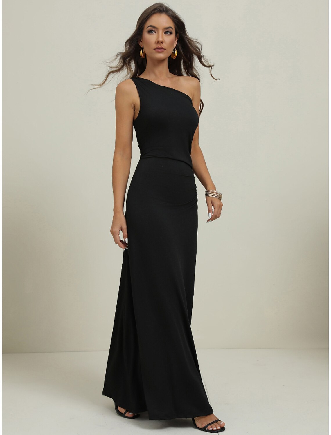 Women's Long Dress Maxi Dress Black Dress Prom Dress Party Dress Sheath Dress Fashion Party Elegant Dress Vacation Wedding Guest Special Occasion Regular Fit Pure Color Sleeveless One Shoulder Black