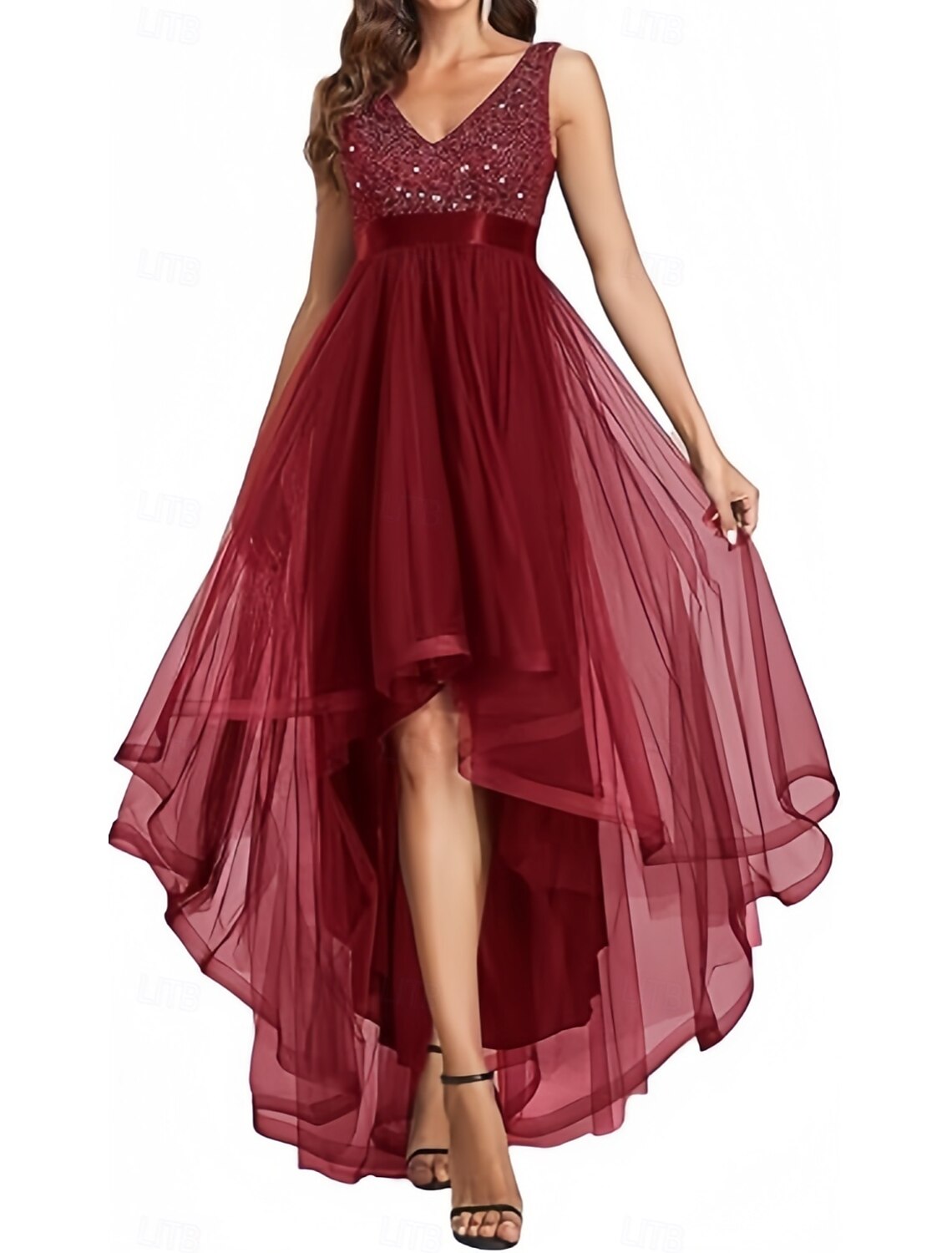 A-Line Evening Gown Elegant Dress Formal Evening Party Asymmetrical Sleeveless V Neck Chiffon with Pleats Sequin