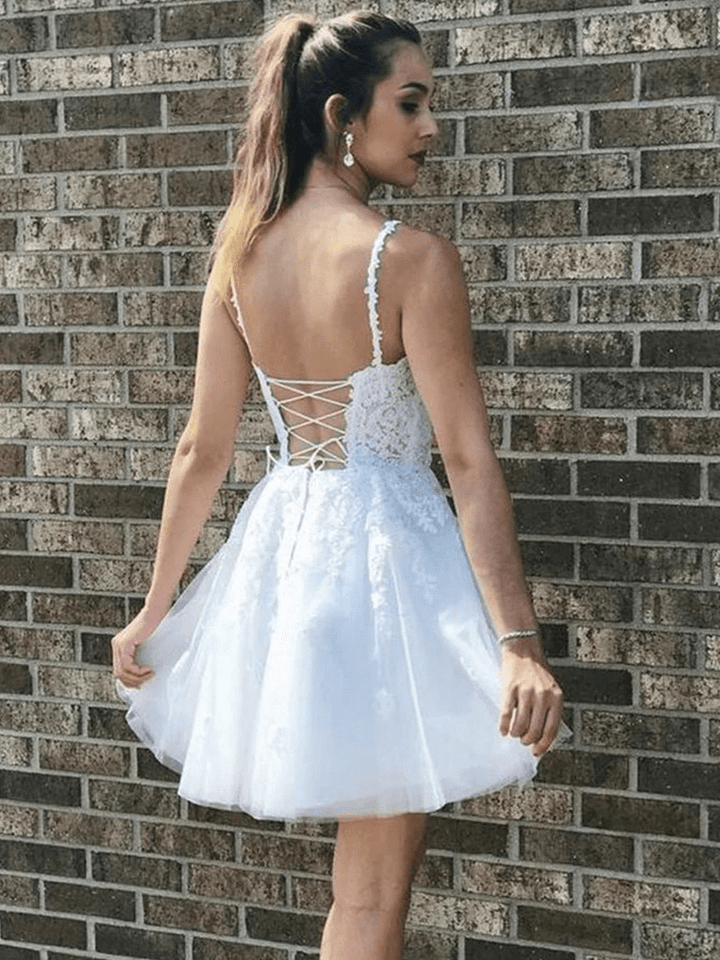 White Tulle with Lace Straps V-neckline Party Dress A-line White Short Prom Dress