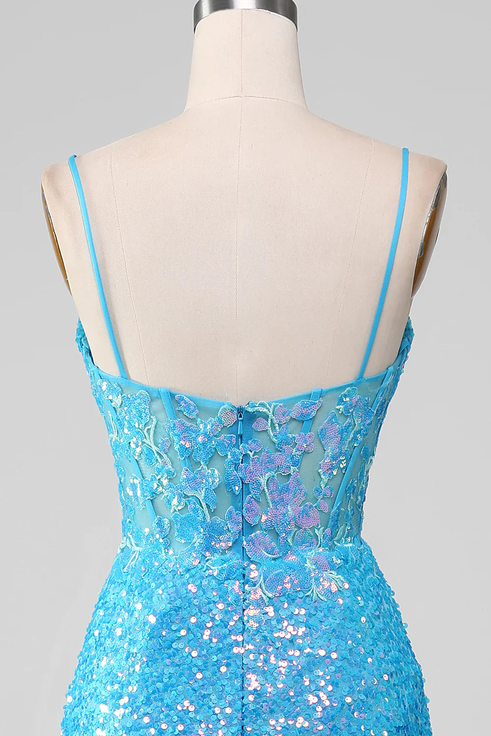 DingJiDress Spaghetti Straps Blue Sparkly Corset Prom Dress with Slit