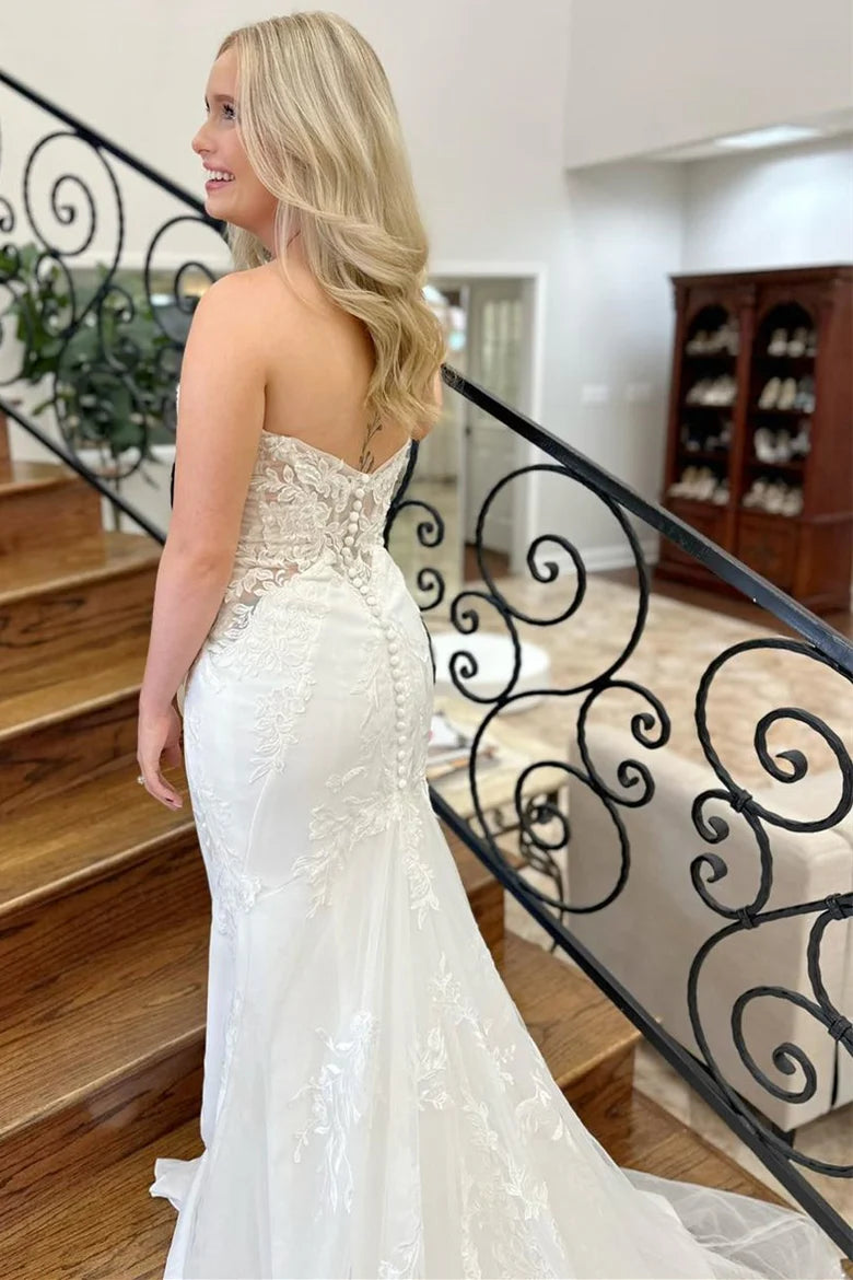 White Cowl Neck Open Back Mermaid Long Wedding Dress