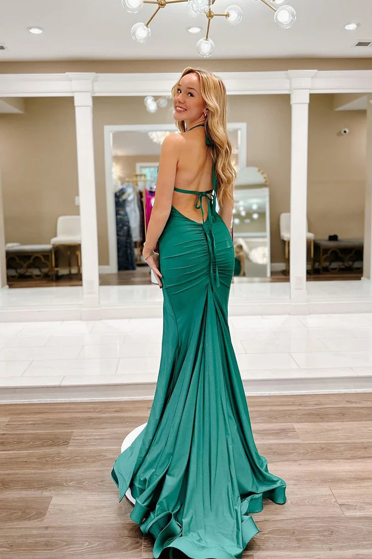 Charming Mermaid V Neck Sage Green Elastic Satin Long Prom Dresses